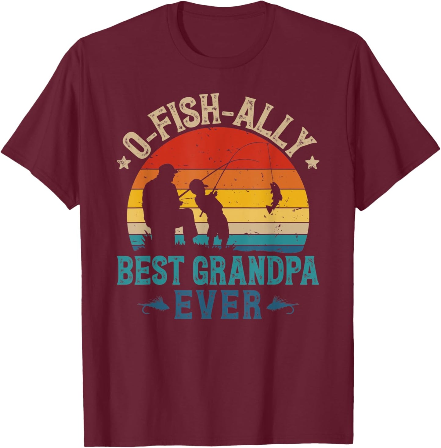 Vintage Fishing Best Grandpa Ever Ofishally Sunset Fisherman T-Shirt - T-Shirt | Maroon
