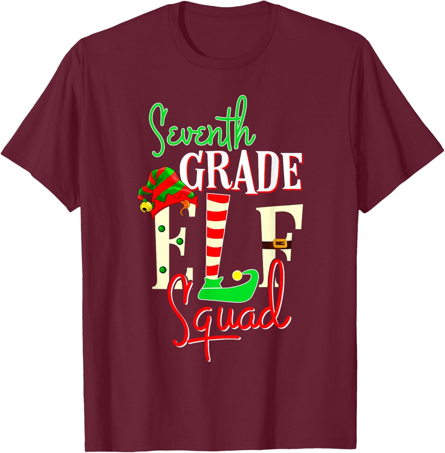Seventh Grade Elf Squad Christmas Gift 7th Teacher Men Women Kids T-Shirt - T-Shirt | Maroon