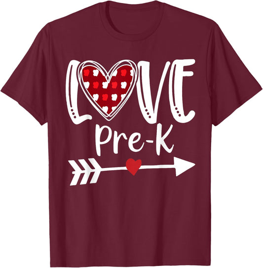 Love Pre-K Red Plaid Heart Valentines Day Teacher Student T-Shirt - T-Shirt | Maroon