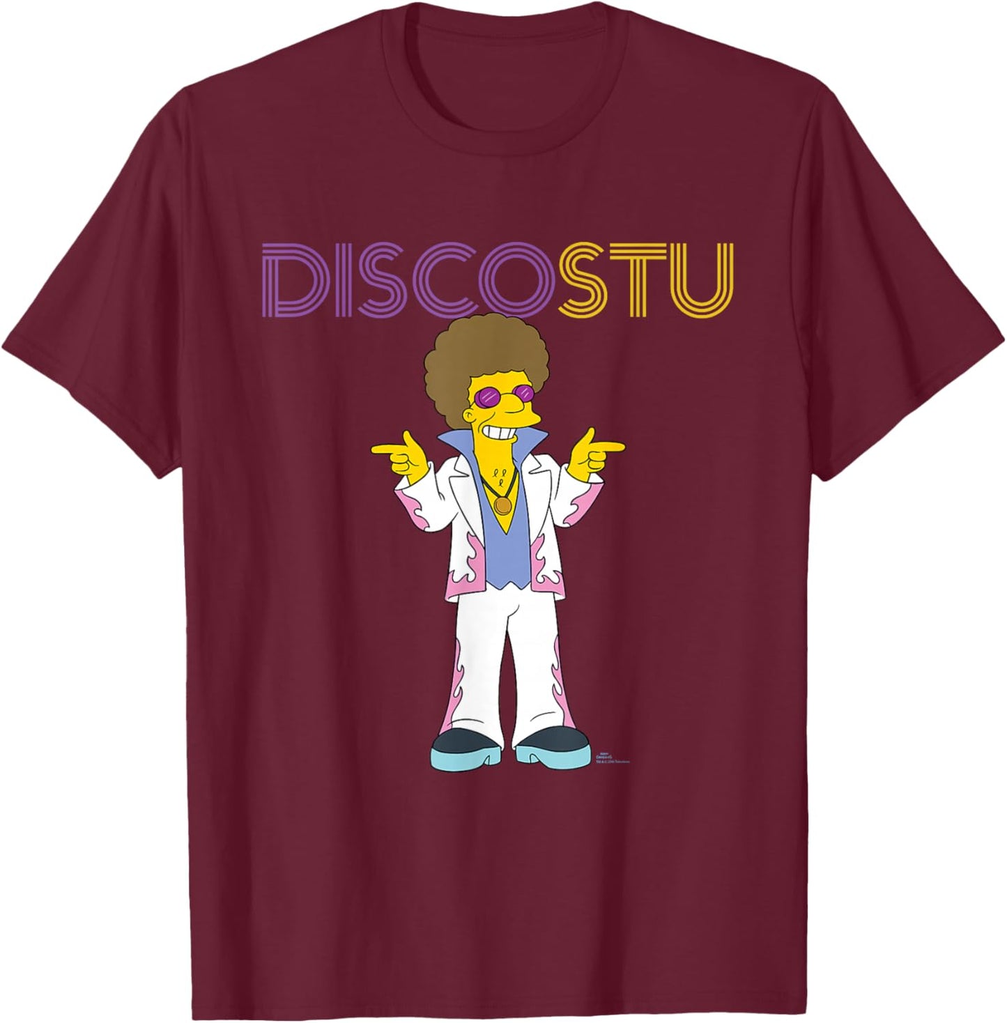 The Simpsons Disco Stu - -Adults & Kids - Black - Small - Short Sleeve - Crew Collar - Neon Name in Lights Design T-Shirt - T-Shirt | Maroon