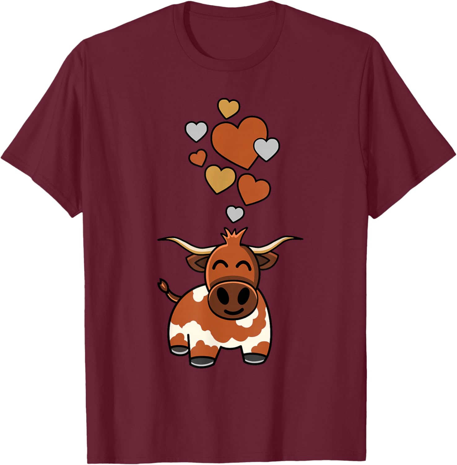 Cute Longhorn Cow With Hearts T-Shirt - T-Shirt | Maroon