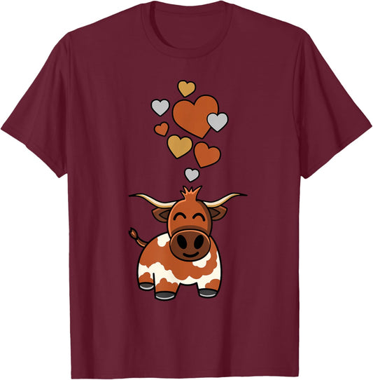 Cute Longhorn Cow With Hearts T-Shirt - T-Shirt | Maroon