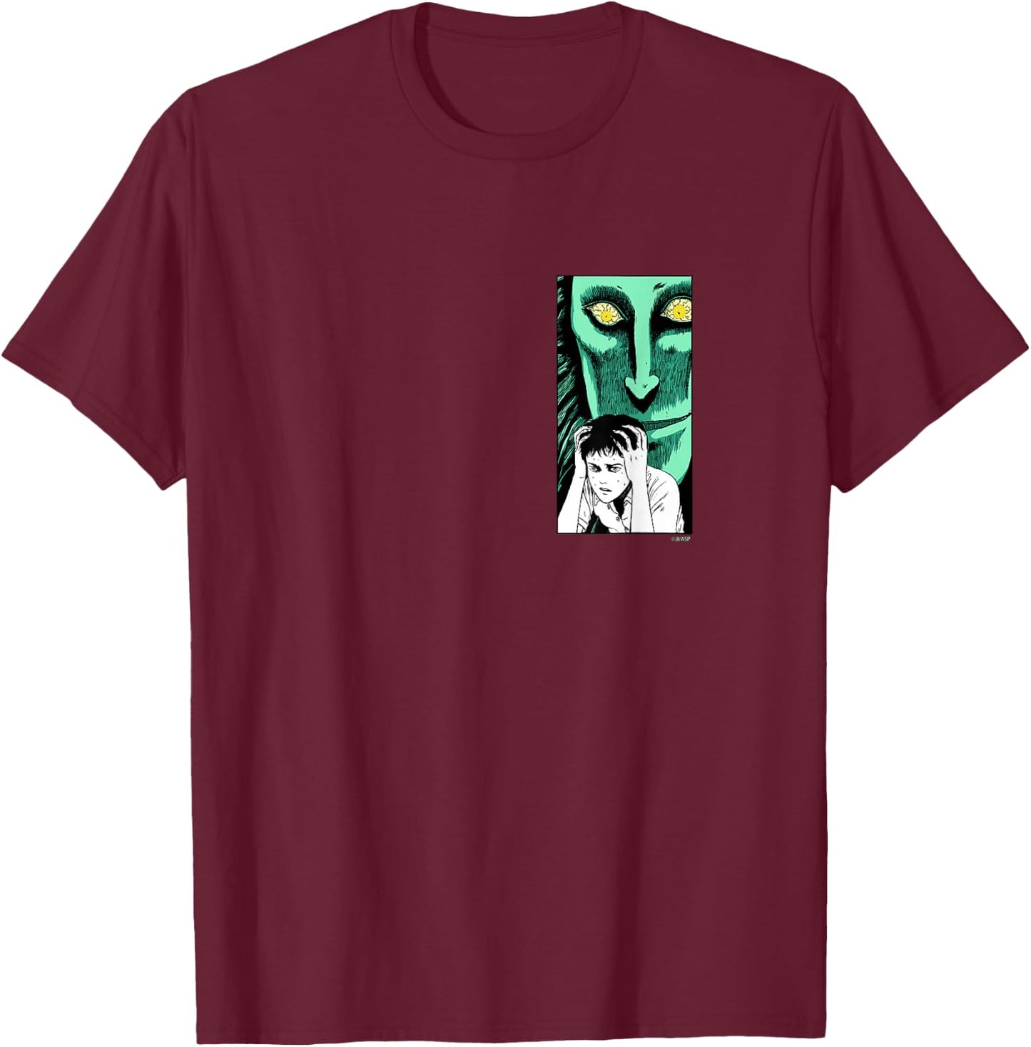 Junji Ito Men's Black Cotton Polyester Blend Short Sleeve Collarless Modern Classic Fit T-Shirt - T-Shirt | Maroon