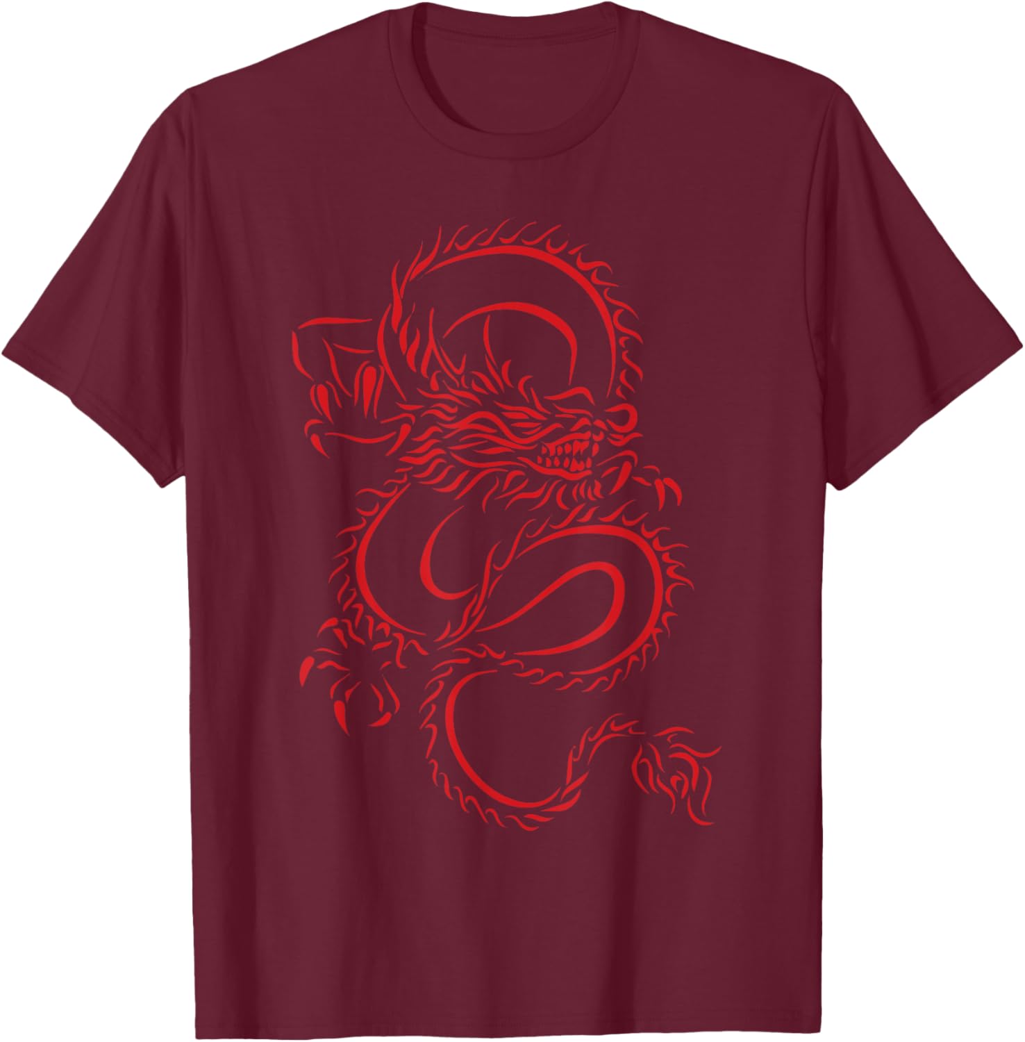 Red Chinese Firedrake Dragon - Dragon Print Art Wear- Dragon , Small, Black T-Shirt - T-Shirt | Maroon