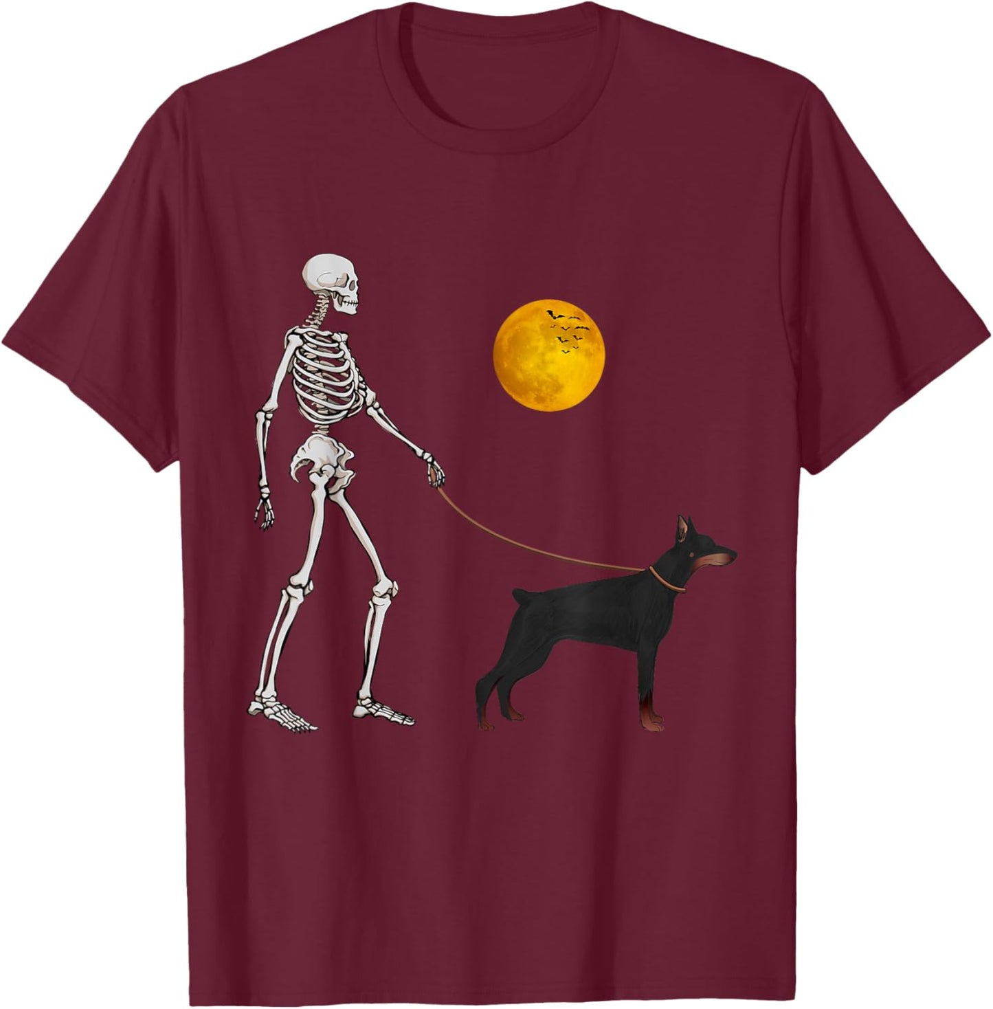 Doberman Skeleton Dog Walking Halloween Costume T-Shirt - T-Shirt | Maroon
