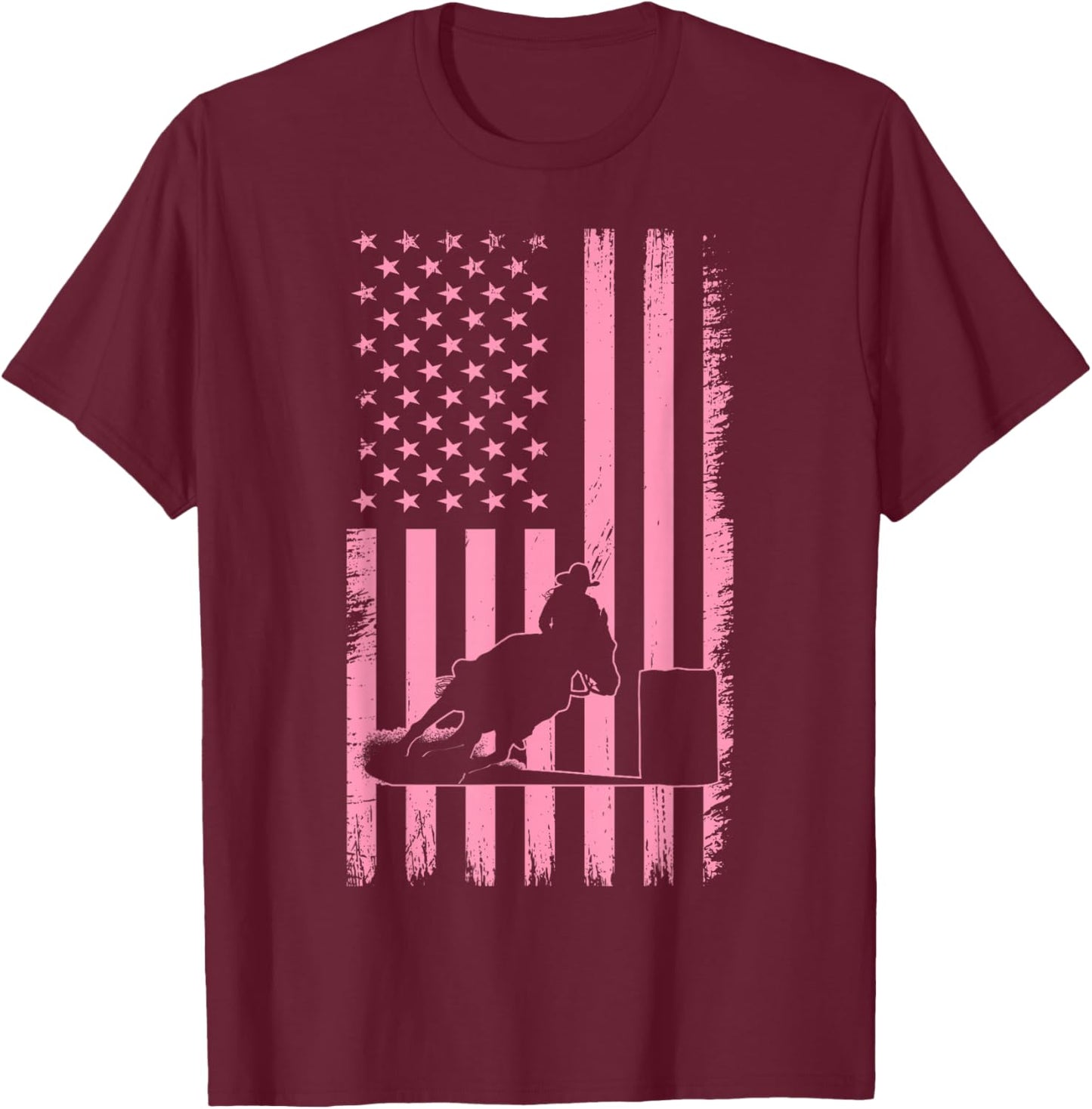 US Flag Pink Cowgirl Rodeo Western Horse Barrel Racing T-Shirt - T-Shirt | Maroon
