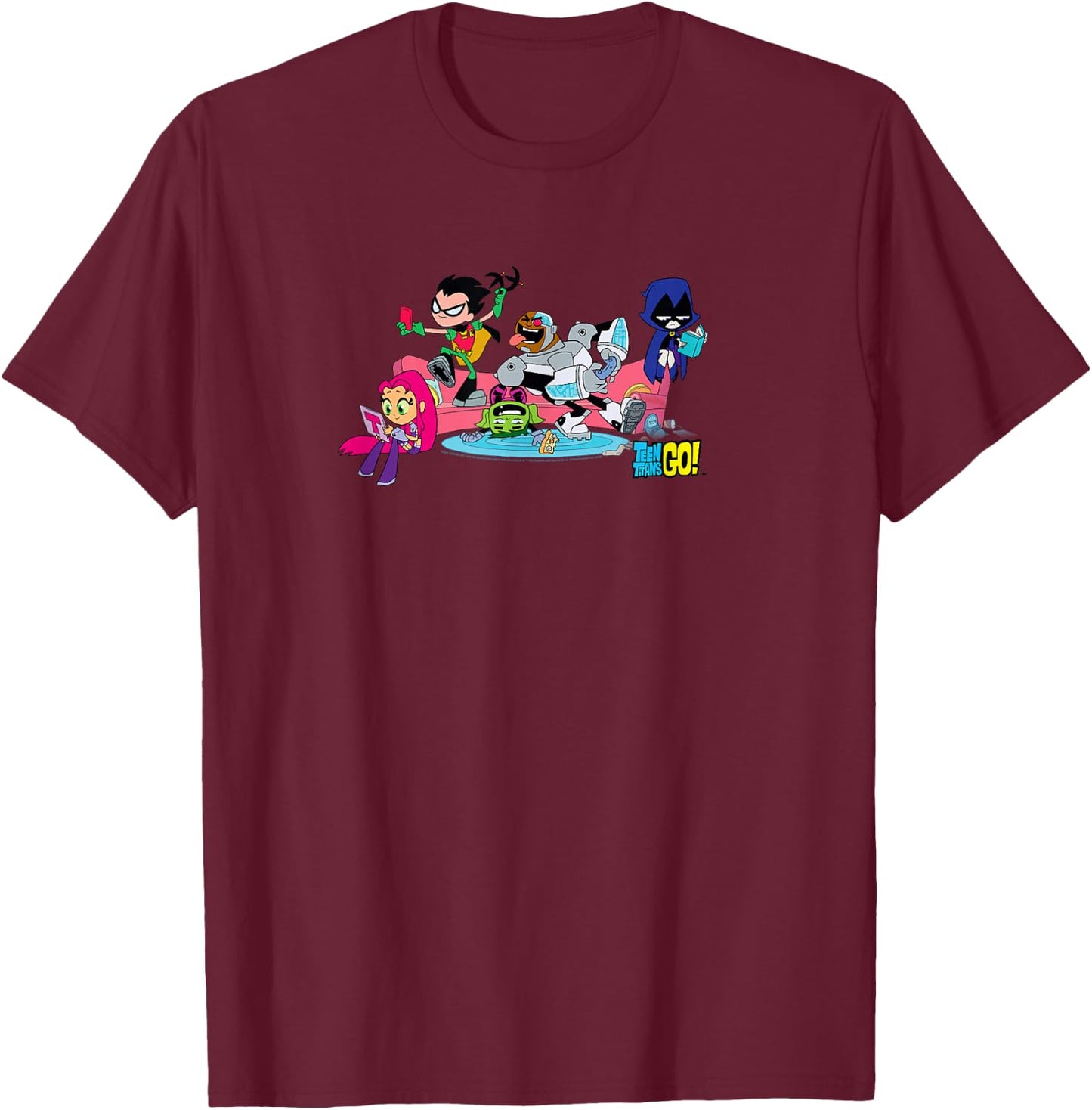 DC Comics Teen Titans Go! Group Shot Sofa Chill Session T-Shirt - T-Shirt | Maroon