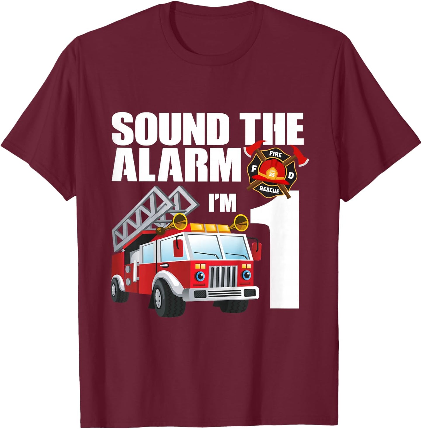 1 Year Old Firefighter Birthday Fire Truck Engine 1st Gift T-Shirt - T-Shirt | Maroon