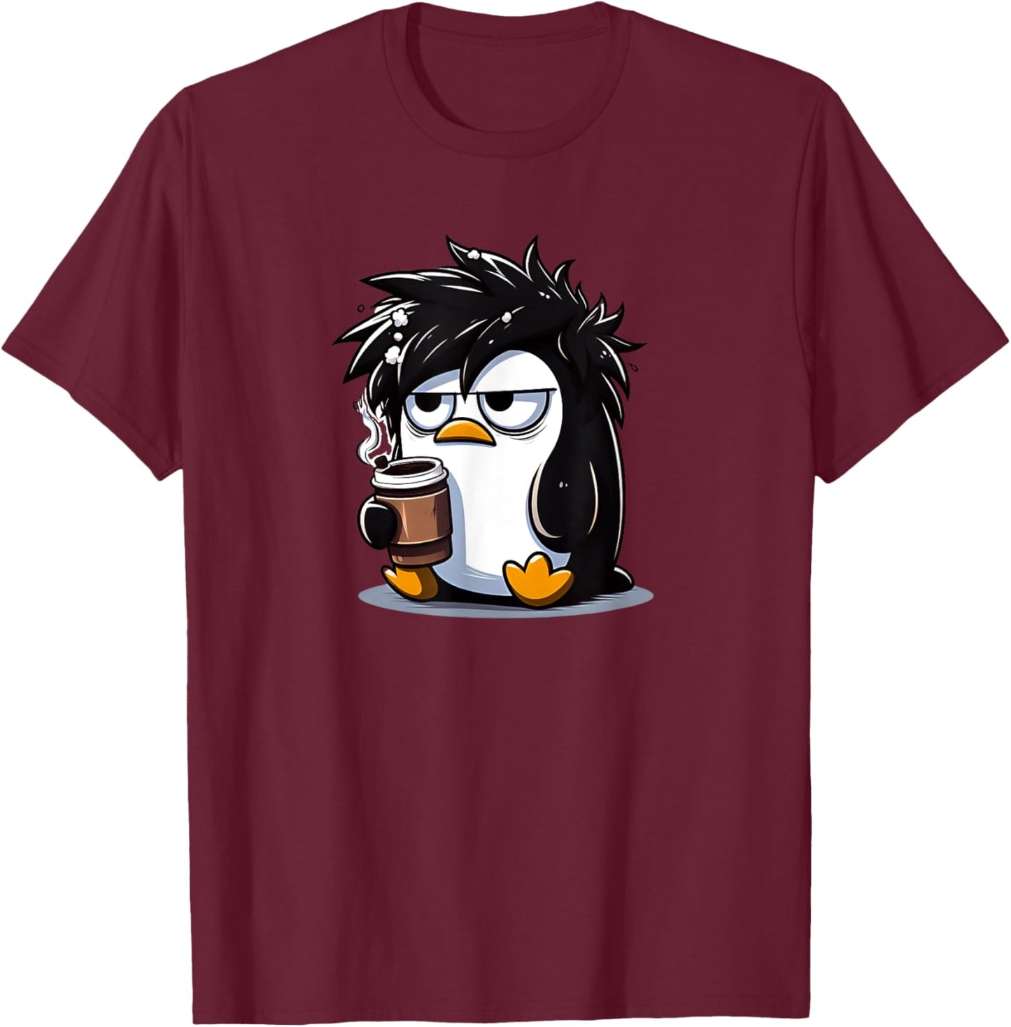 Funny Linux Tux Penguin Coffee Cartoon Grumpy Stressed T-Shirt - T-Shirt | Maroon