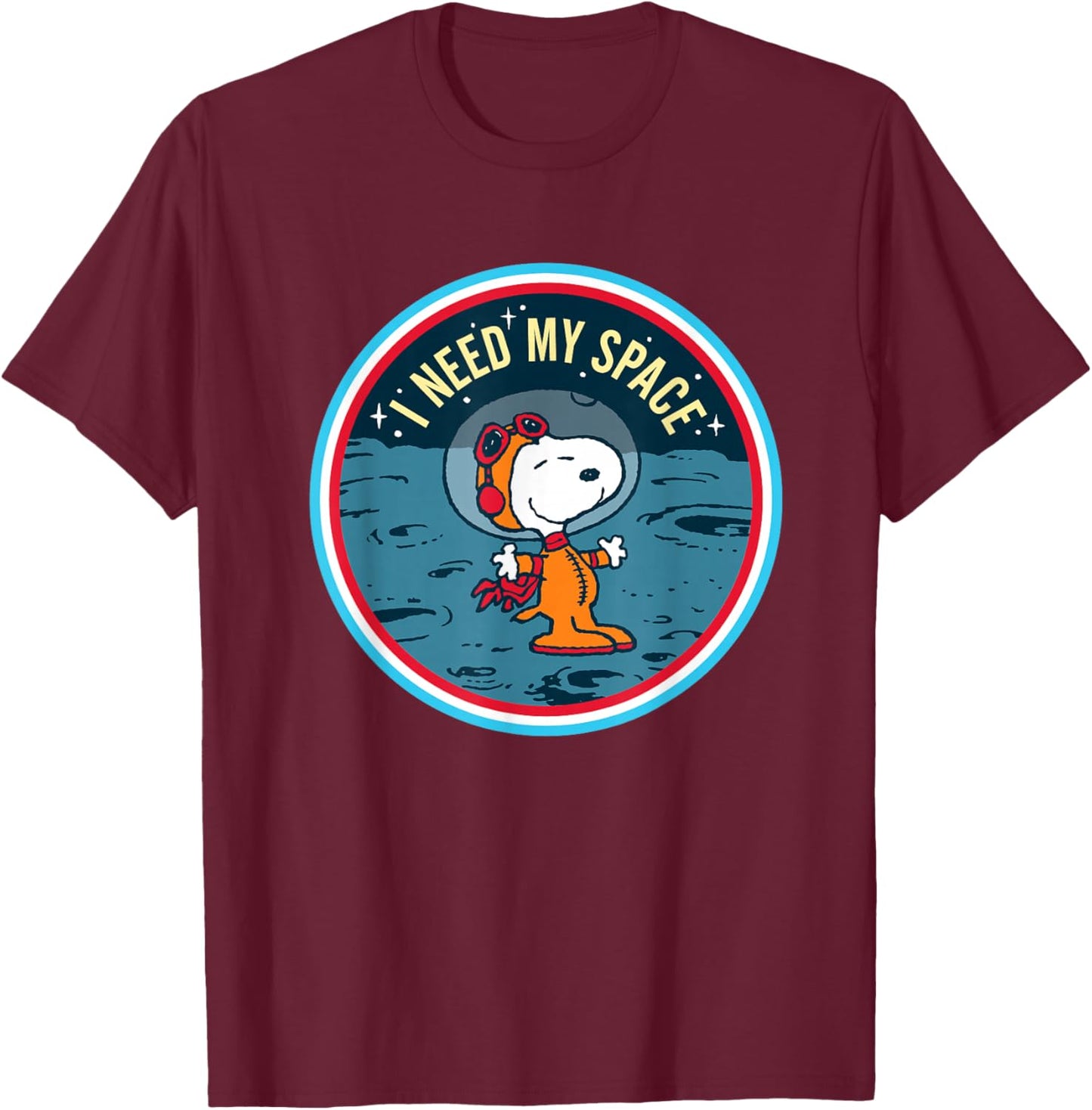 Peanuts Snoopy on the Moon I Need My Space , Blue, S T-Shirt - T-Shirt | Maroon