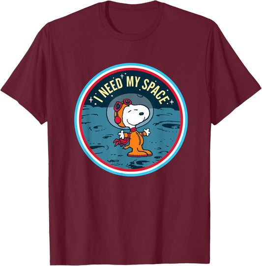 Peanuts Snoopy on the Moon I Need My Space , Blue, S T-Shirt - T-Shirt | Maroon