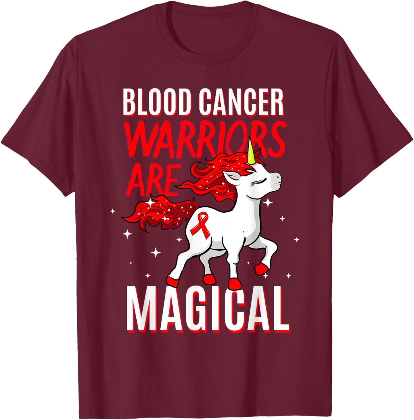 Blood Cancer Warrior Magical Unicorn Red Ribbon Liquid Tumor T-Shirt - T-Shirt | Maroon