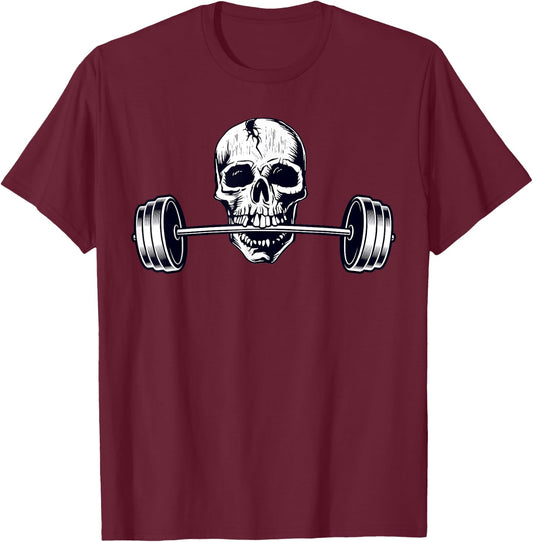 Weightlifting Shirt, Powerlifting Heavy Barbell Skull T-Shirt - T-Shirt | Maroon