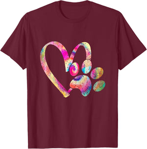 Tie Dye Love Dog Paw Print Animal Paw Dog Lover Men Women Kids T-Shirt - T-Shirt | Maroon