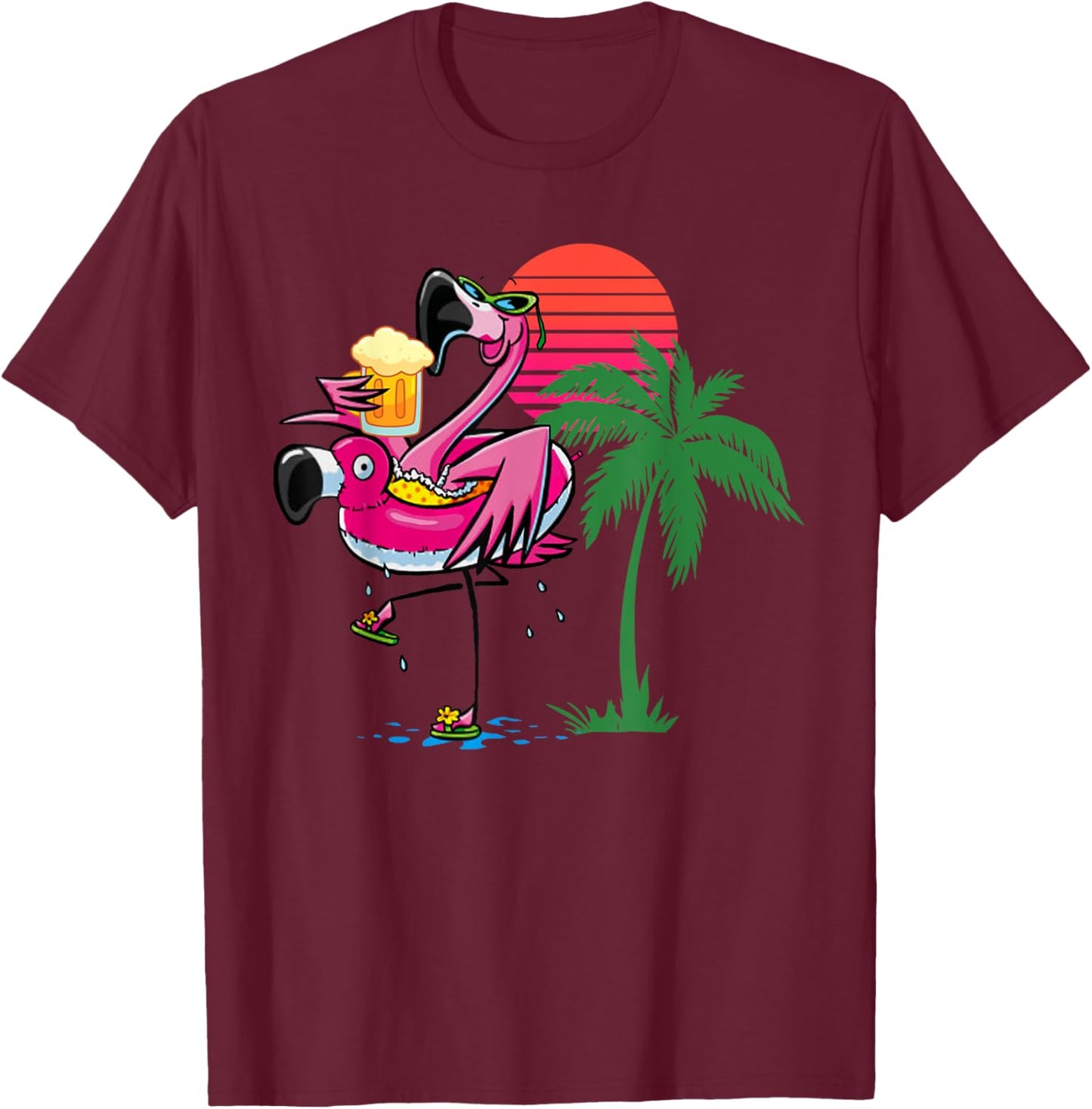 Flamingo Drinking Beer Summer Beach Party T-Shirt - T-Shirt | Maroon