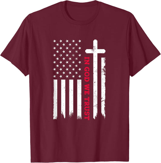 In God We Trust with Patriotic Vintage American Flag T-Shirt - T-Shirt | Maroon