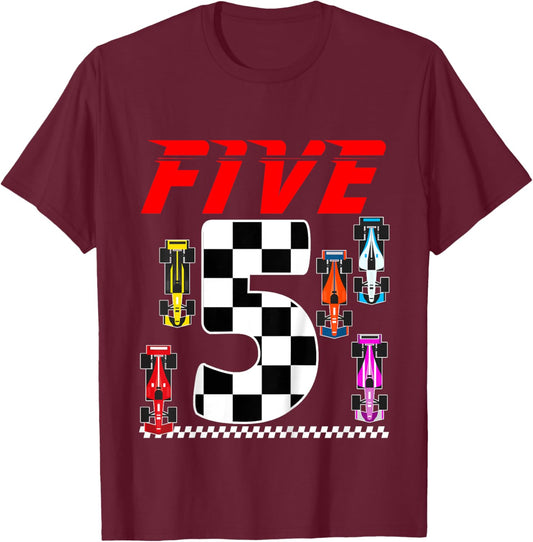 Kids Race Car Party 5 Five Year Old 5th Birthday Car Racing Theme T-Shirt - T-Shirt | Maroon