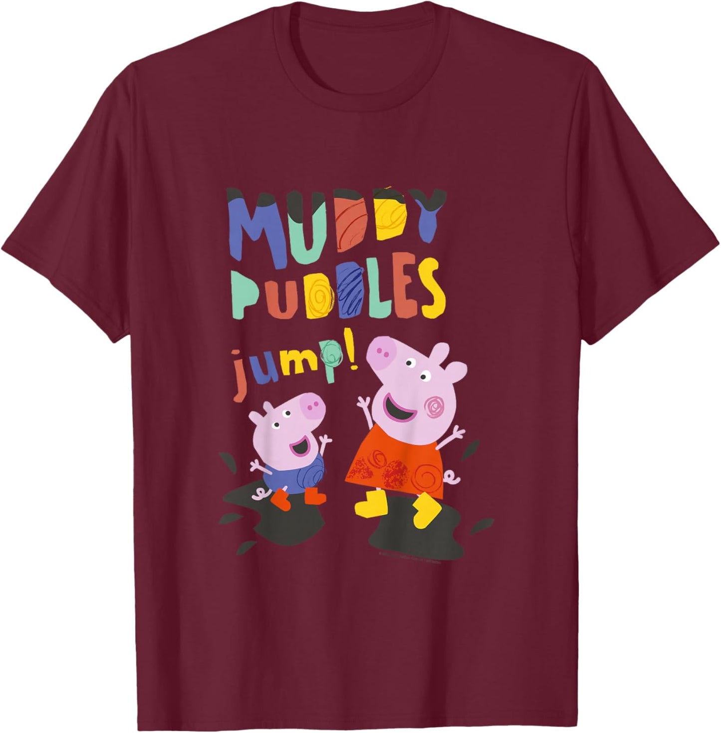 Peppa Pig Muddy Puddles Jump! Peppa & George Having Fun T-Shirt - T-Shirt | Maroon