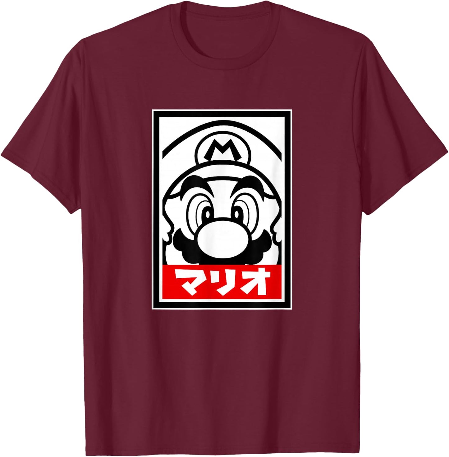 Super Mario World Black & White Close Up Red Kanji Mario T-Shirt - T-Shirt | Maroon