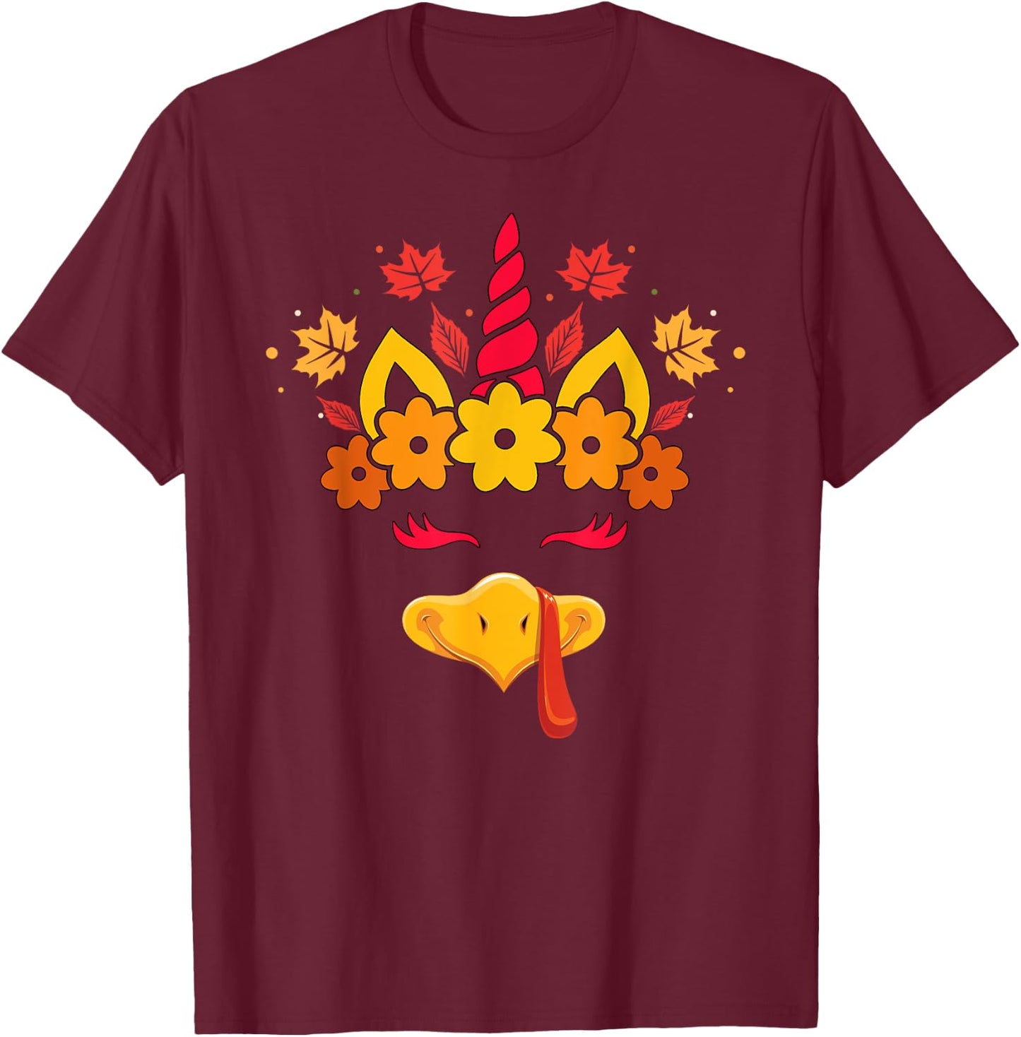 Funny Turkey Unicorn Face Girls Cute Thanksgiving Kids T-Shirt - T-Shirt | Maroon