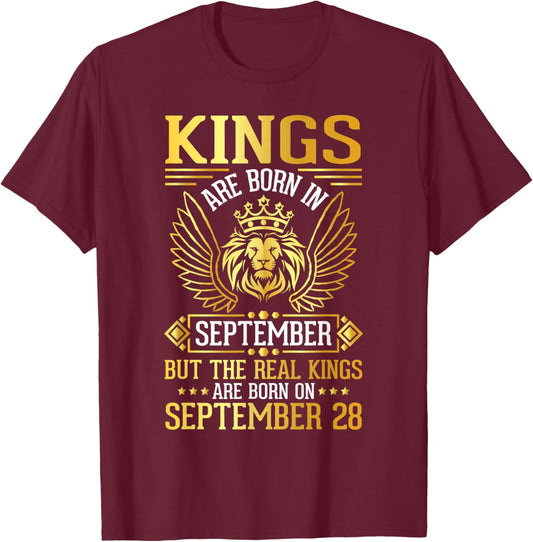Kings Are Born In Sept Real Kings Are Born On September 28 T-Shirt - T-Shirt | Maroon