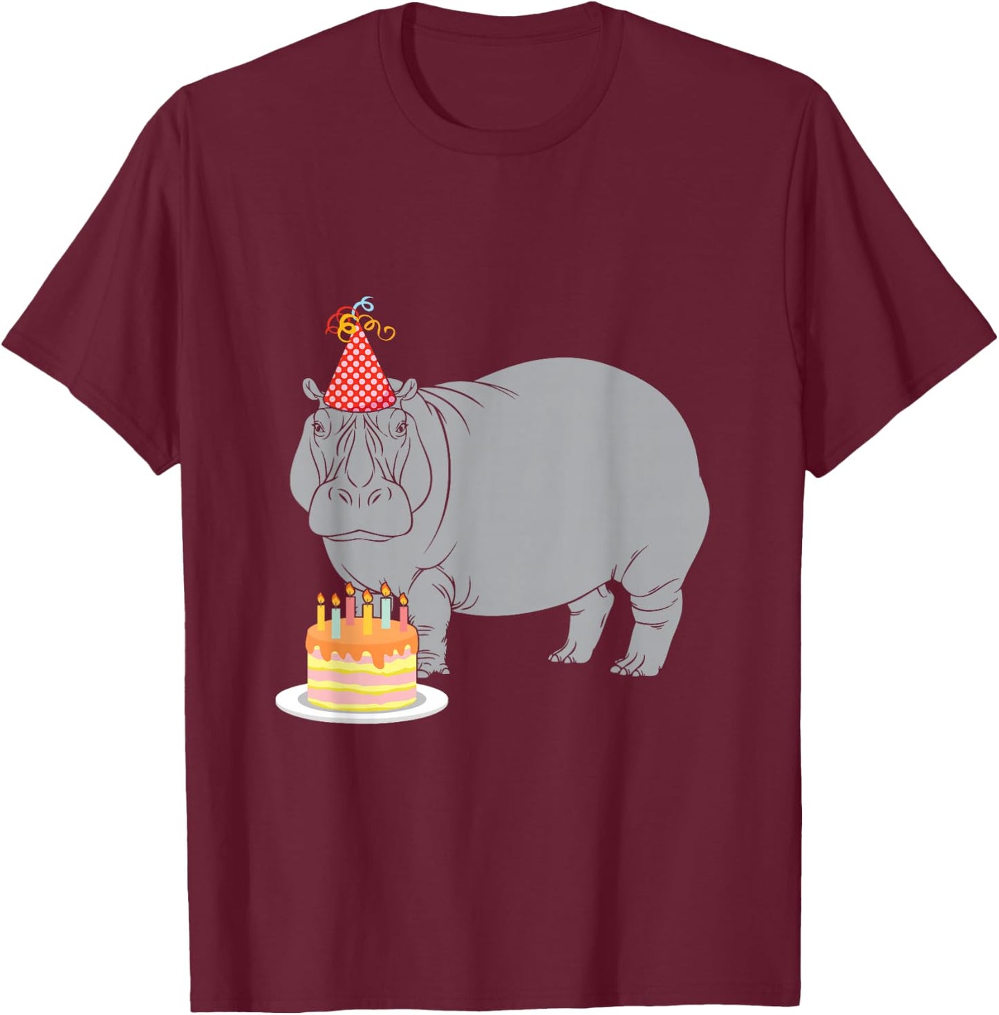 Happy Birthday Hippo Zoo Animal Lover Party Hat Cake Candles T-Shirt - T-Shirt | Maroon
