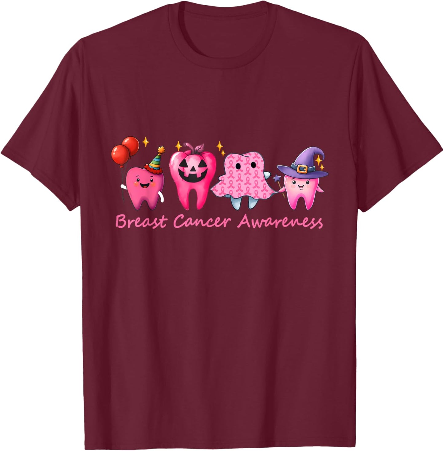 Dental Breast Cancer Awareness Tooth Dental Pink Ribbon T-Shirt - T-Shirt | Maroon