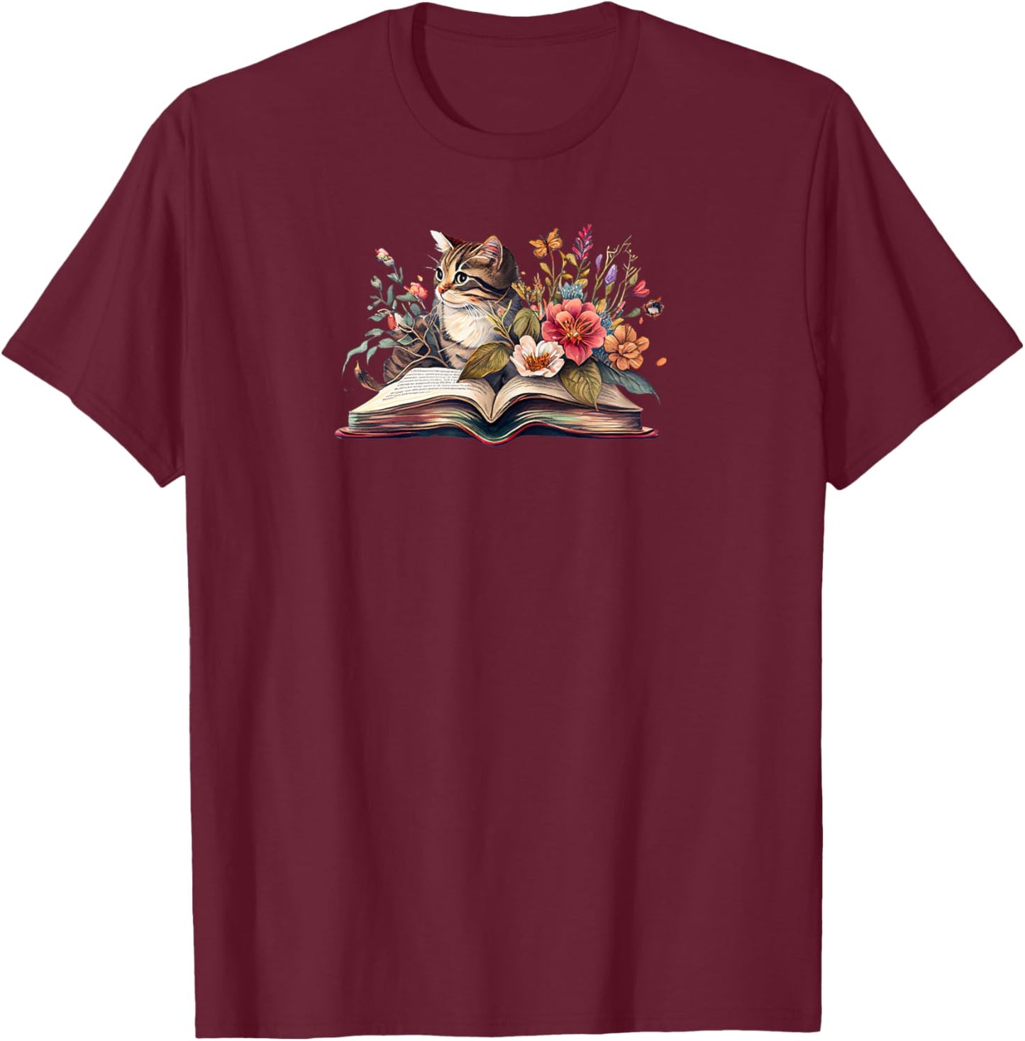 Cat Book Shirt ,Cat Flower Book ,Cat and Book T-Shirt - T-Shirt | Maroon