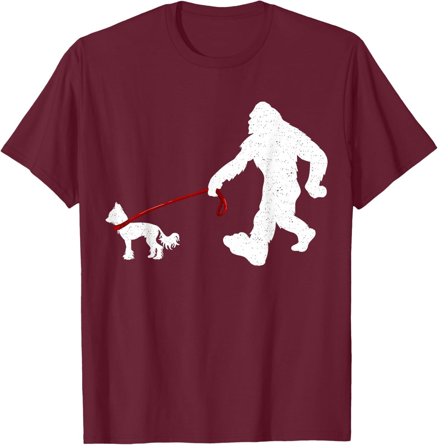 Funny Bigfoot Walking With Chinese Crested Dog Gifts T-Shirt - T-Shirt | Maroon