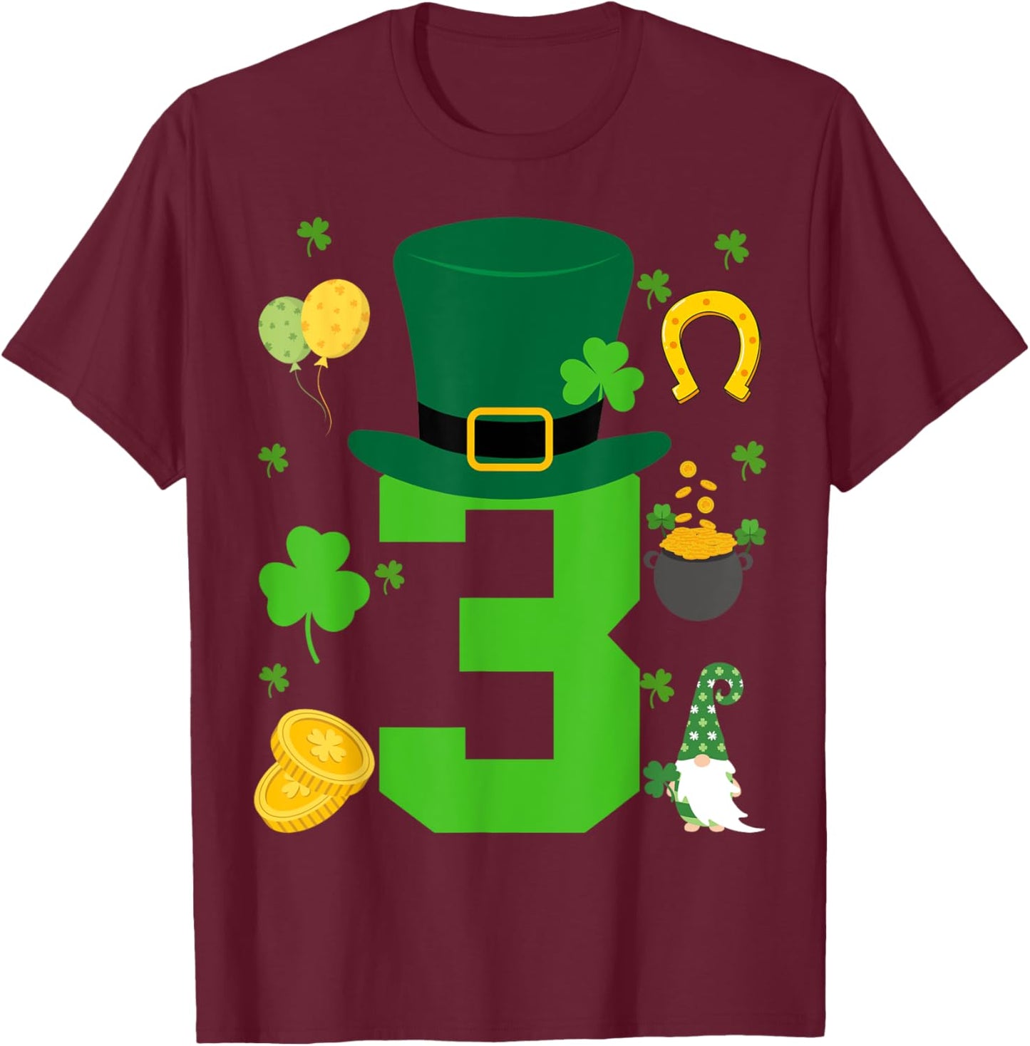 Toddler 3rd Birthday Patricks Day Themed 3 Year Old Boys Kid T-Shirt - T-Shirt | Maroon