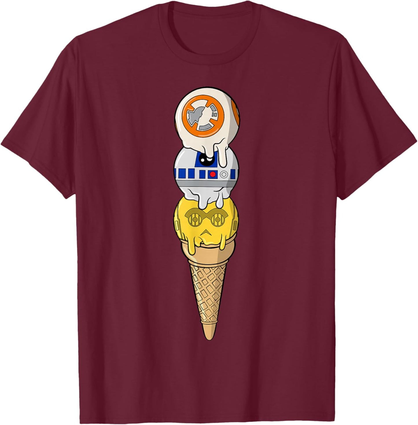 Star Wars Classic BB-8 R2-D2 & C-3PO Ice-Cream Scoops T-Shirt - T-Shirt | Maroon