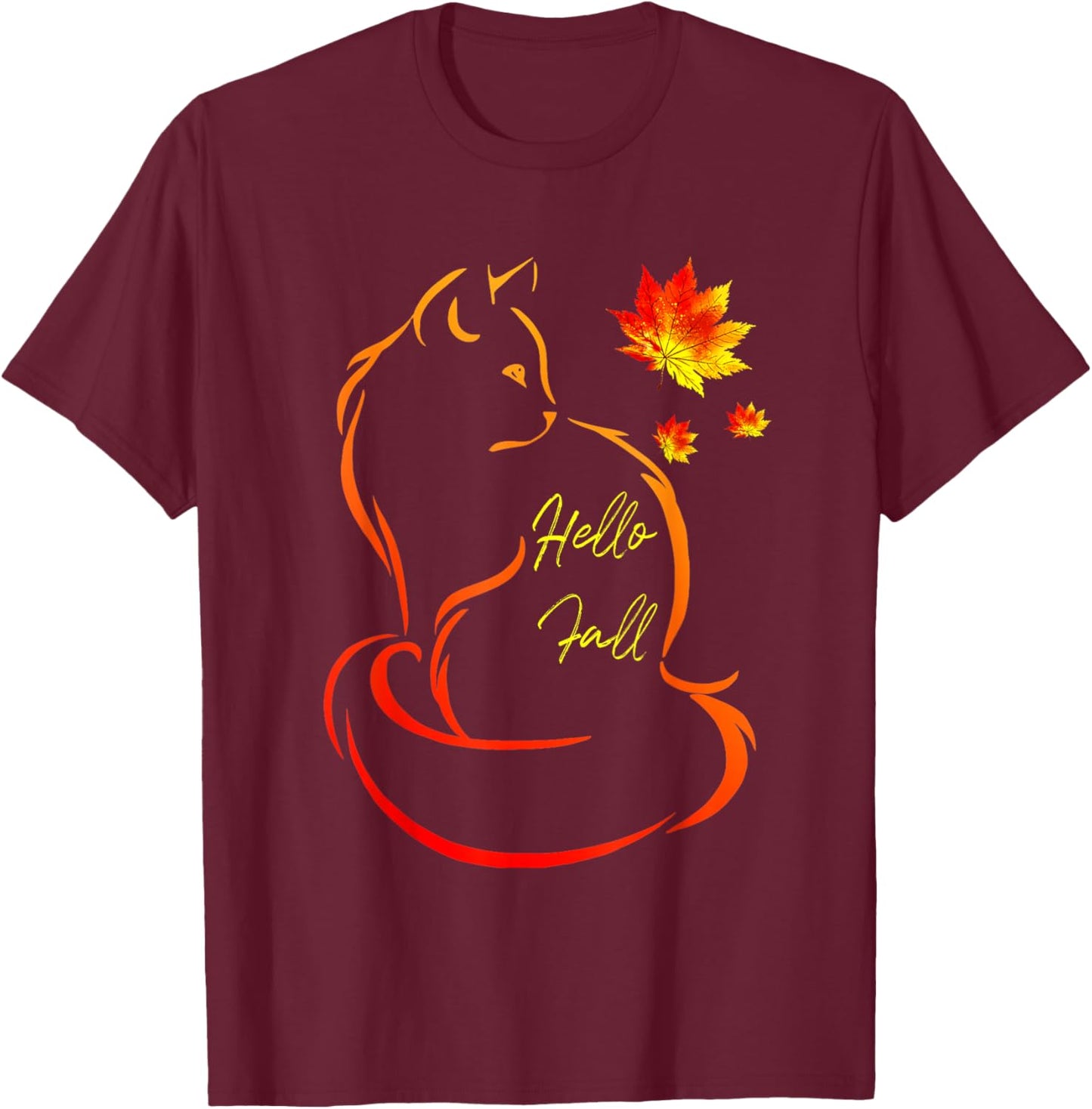 Hello Fall Cat Shirt Cat Autumn Leaves Kitten Lover Women Kids T-Shirt - T-Shirt | Maroon