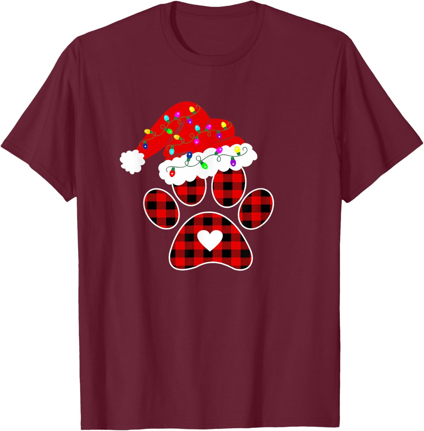 Buffalo Plaid Christmas Paw Dog with Santa hat & Lights Men Women Kids T-Shirt - T-Shirt | Maroon