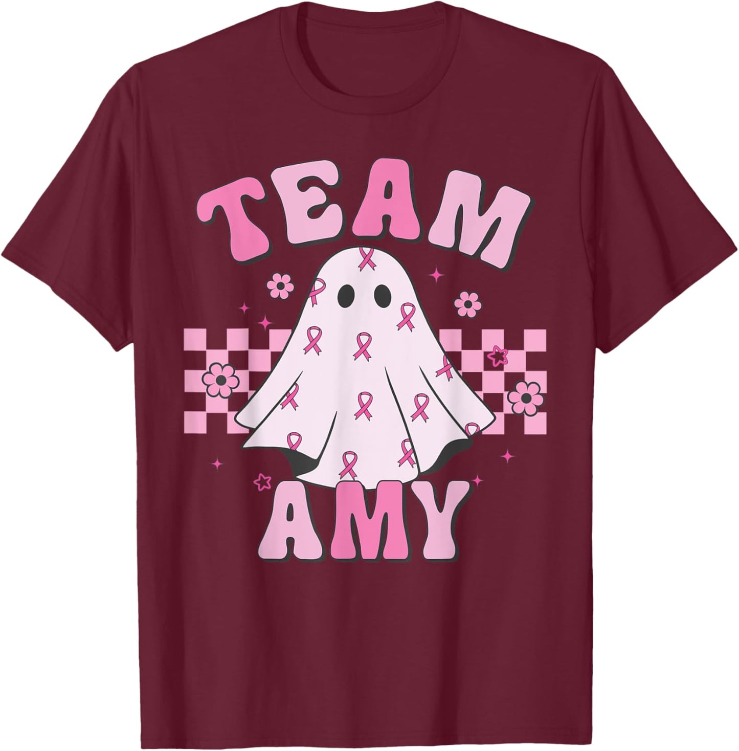 Team Amy, Breast Cancer Awareness Halloween Groovy Ghost T-Shirt - T-Shirt | Maroon