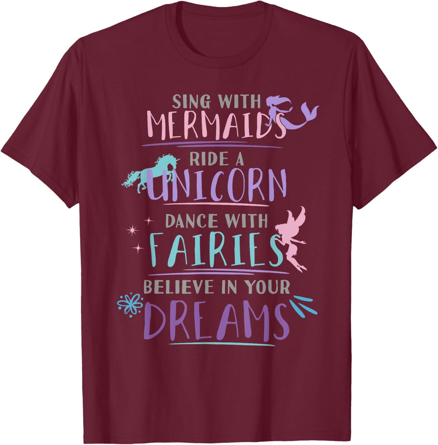 Cute Mermaid Unicorn Fairy Enchanted Girls T-Shirt - T-Shirt | Maroon