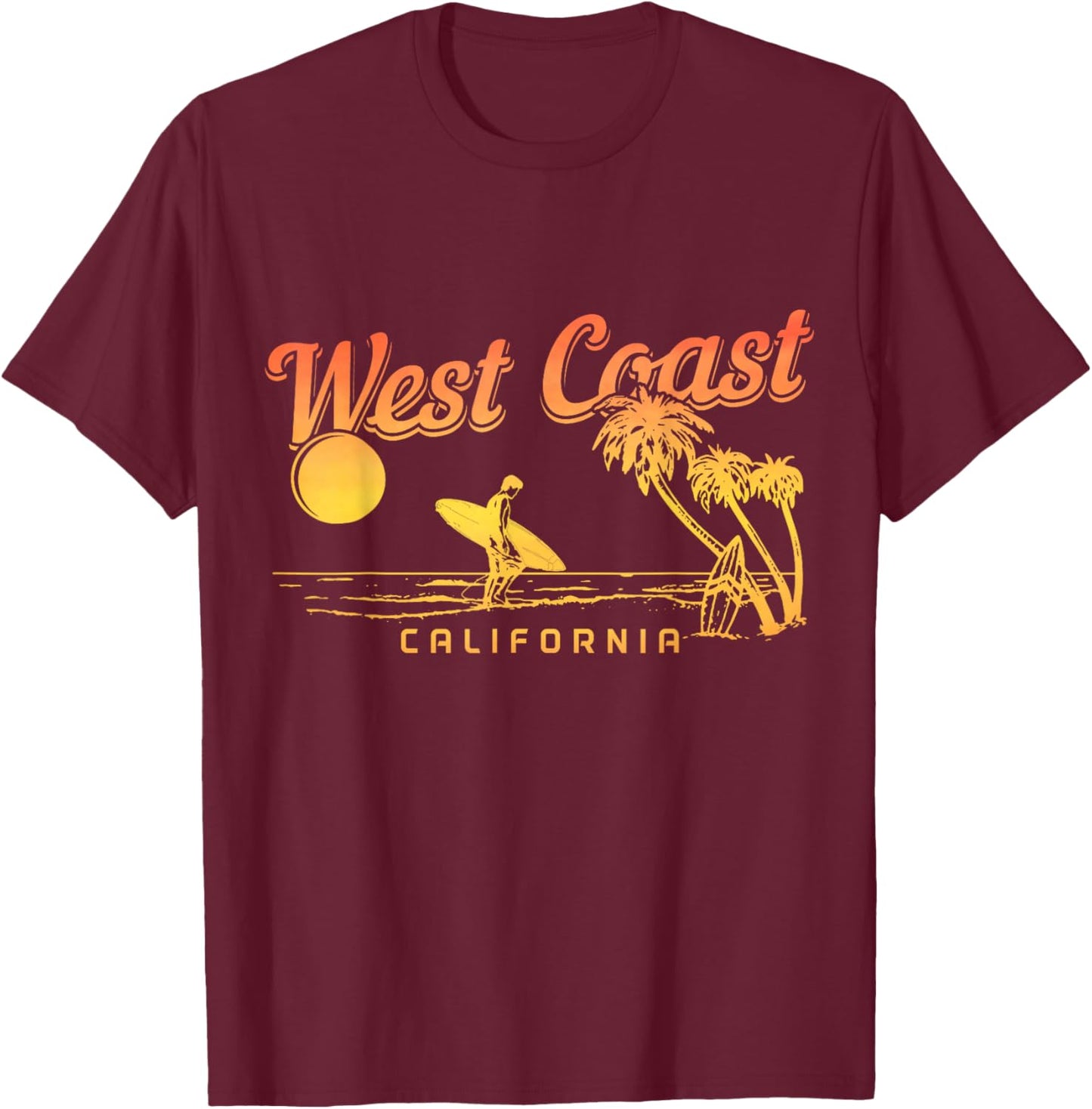 West Coast California Beach Surfing Vintage Surfer T-Shirt - T-Shirt | Maroon