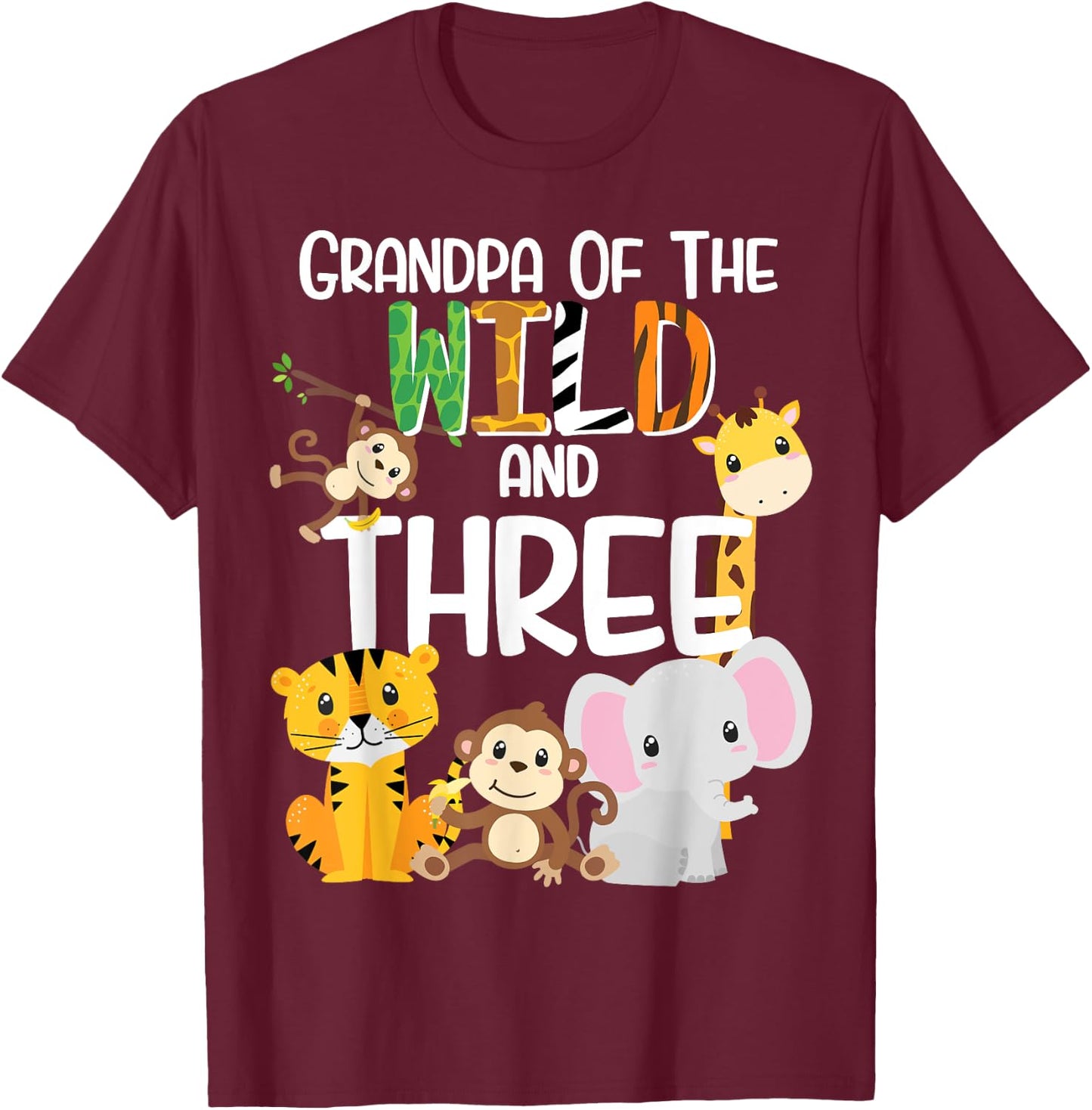 Grandpa of the Wild and 3 Zoo Theme Birthday Safari Jungle T-Shirt - T-Shirt | Maroon
