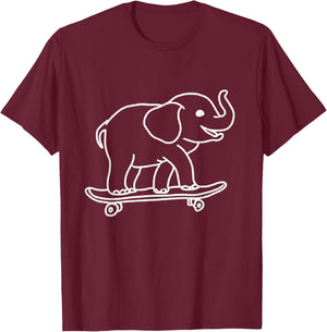 Elephant Skateboarding Outline Line Drawing Skater Elephant T-Shirt - T-Shirt | Maroon