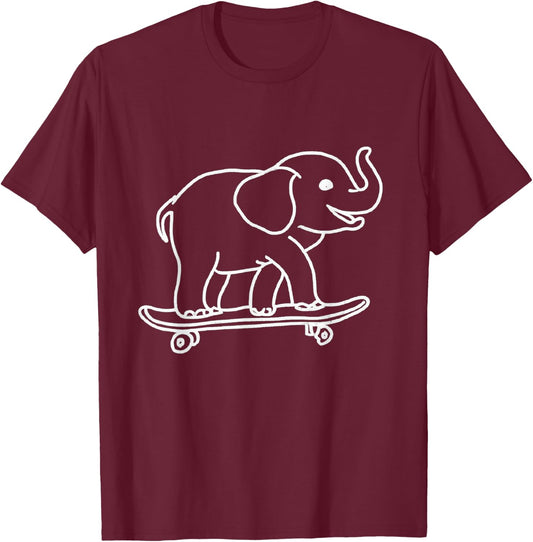 Elephant Skateboarding Outline Line Drawing Skater Elephant T-Shirt - T-Shirt | Maroon