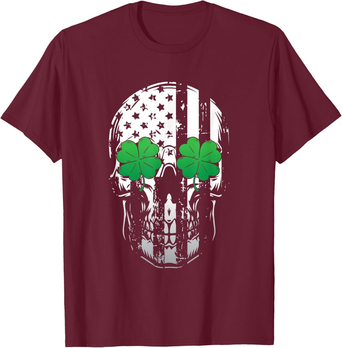 Skull American Flag Cool Shamrock St Patricks Day Irish Gift T-Shirt - T-Shirt | Maroon
