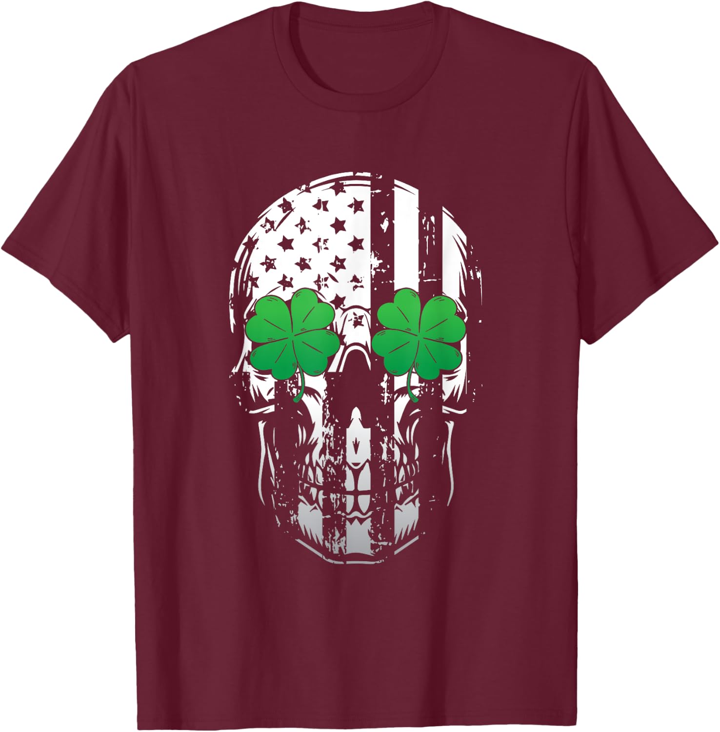 Skull American Flag Cool Shamrock St Patricks Day Irish Gift T-Shirt - T-Shirt | Maroon