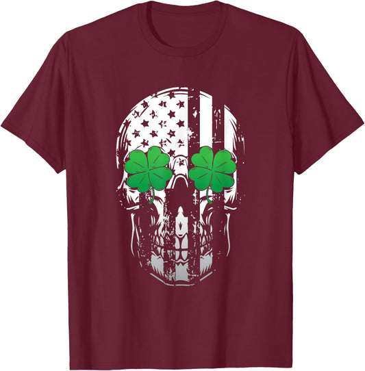 Skull American Flag Cool Shamrock St Patricks Day Irish Gift T-Shirt - T-Shirt | Maroon