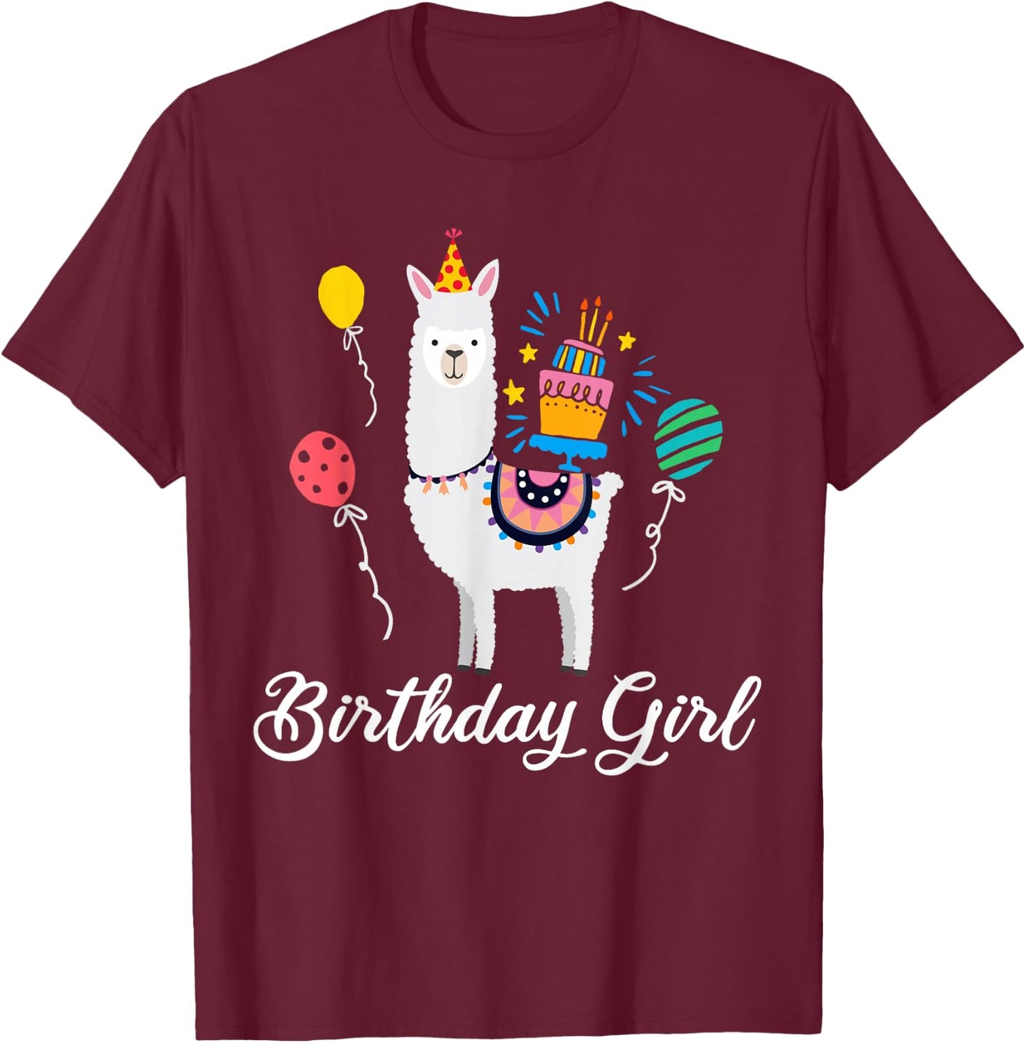 Cute Birthday Llama Girl T Shirt Alpaca Animal Kids Gift T-Shirt - T-Shirt | Maroon