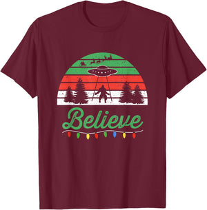 Bigfoot Believe UFO Aliens Santa Claus Reindeer Christmas T-Shirt - T-Shirt | Maroon