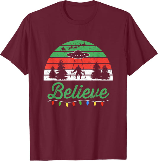 Bigfoot Believe UFO Aliens Santa Claus Reindeer Christmas T-Shirt - T-Shirt | Maroon