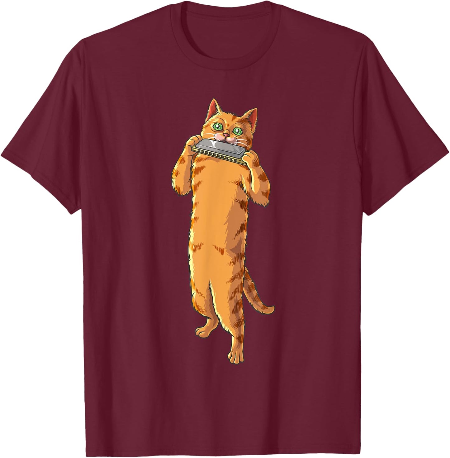 Funny Cat Playing Harmonica | Cool Love Animal Musician Gift Women Girls Kids T-Shirt - T-Shirt | Maroon