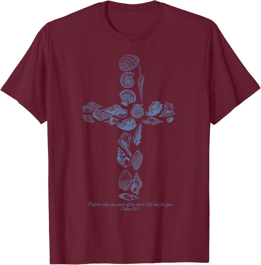 Beachy Ocean Seashell Ocean Beach Faith Cross Christian Women T-Shirt - T-Shirt | Maroon
