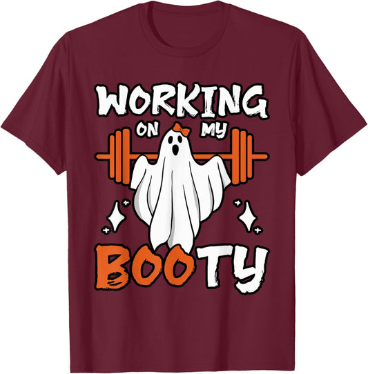 Working On My Booty Ghost Weightlifter Fitness Halloween T-Shirt - T-Shirt | Maroon
