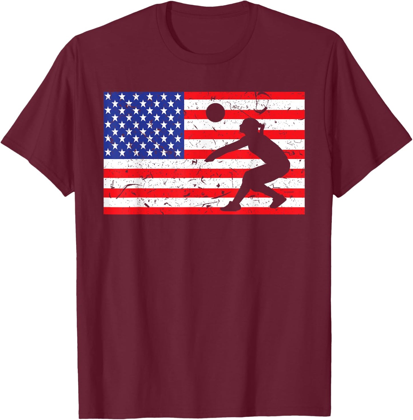 Distressed Volleyball USA American Flag Vintage Mine Player T-Shirt - T-Shirt | Maroon