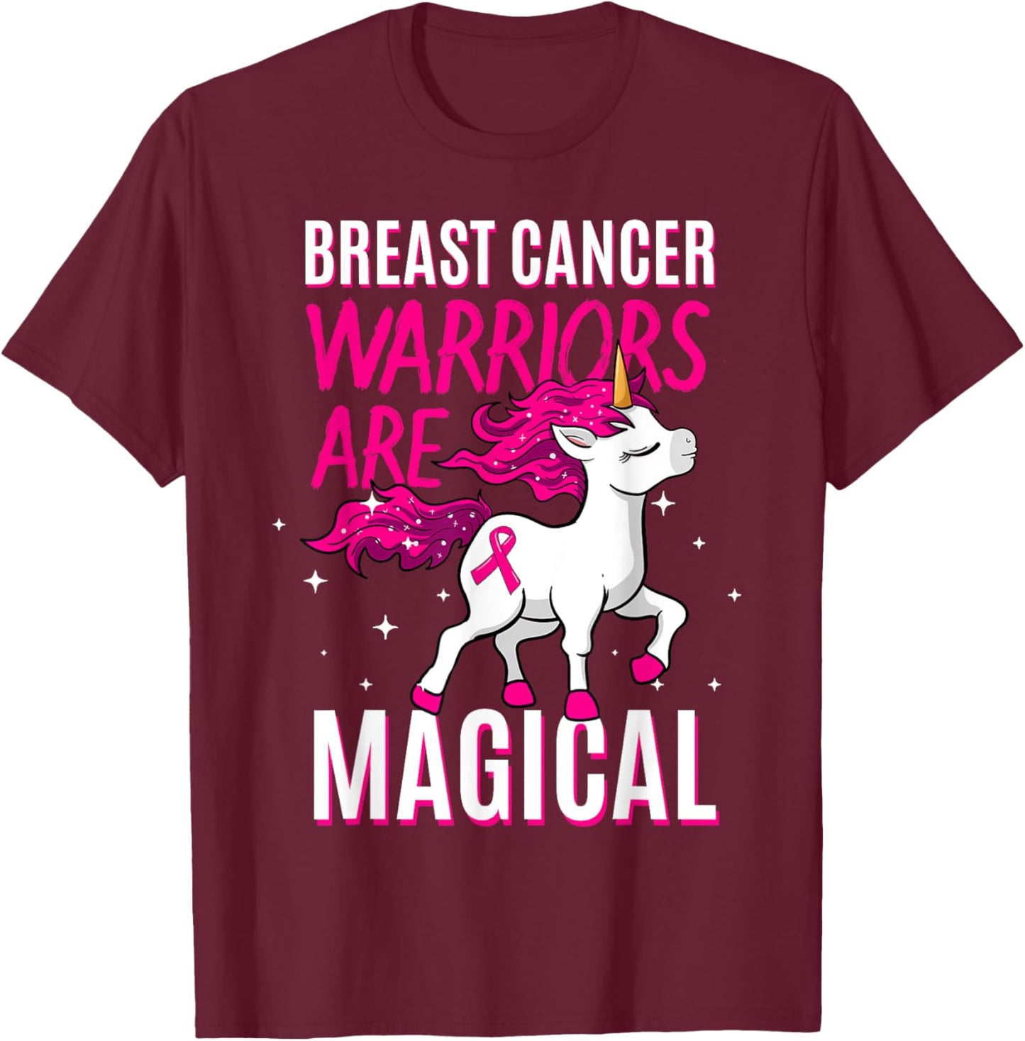 Breast Cancer Warrior Magical Unicorn Pink Ribbon Mammogram T-Shirt - T-Shirt | Maroon
